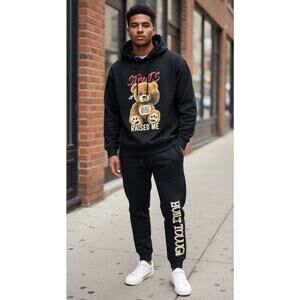 3Forty Streets Teddy Bear Hoodie Sweatpants Set Black Built Tough Raised Me M XL